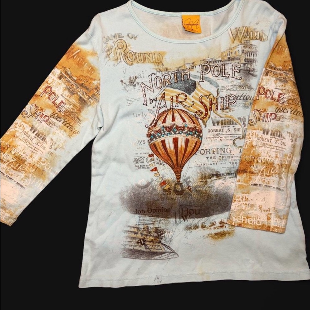 Vintage Whimsical Hot Air Balloon Long Sleeve Tee - White & Rust